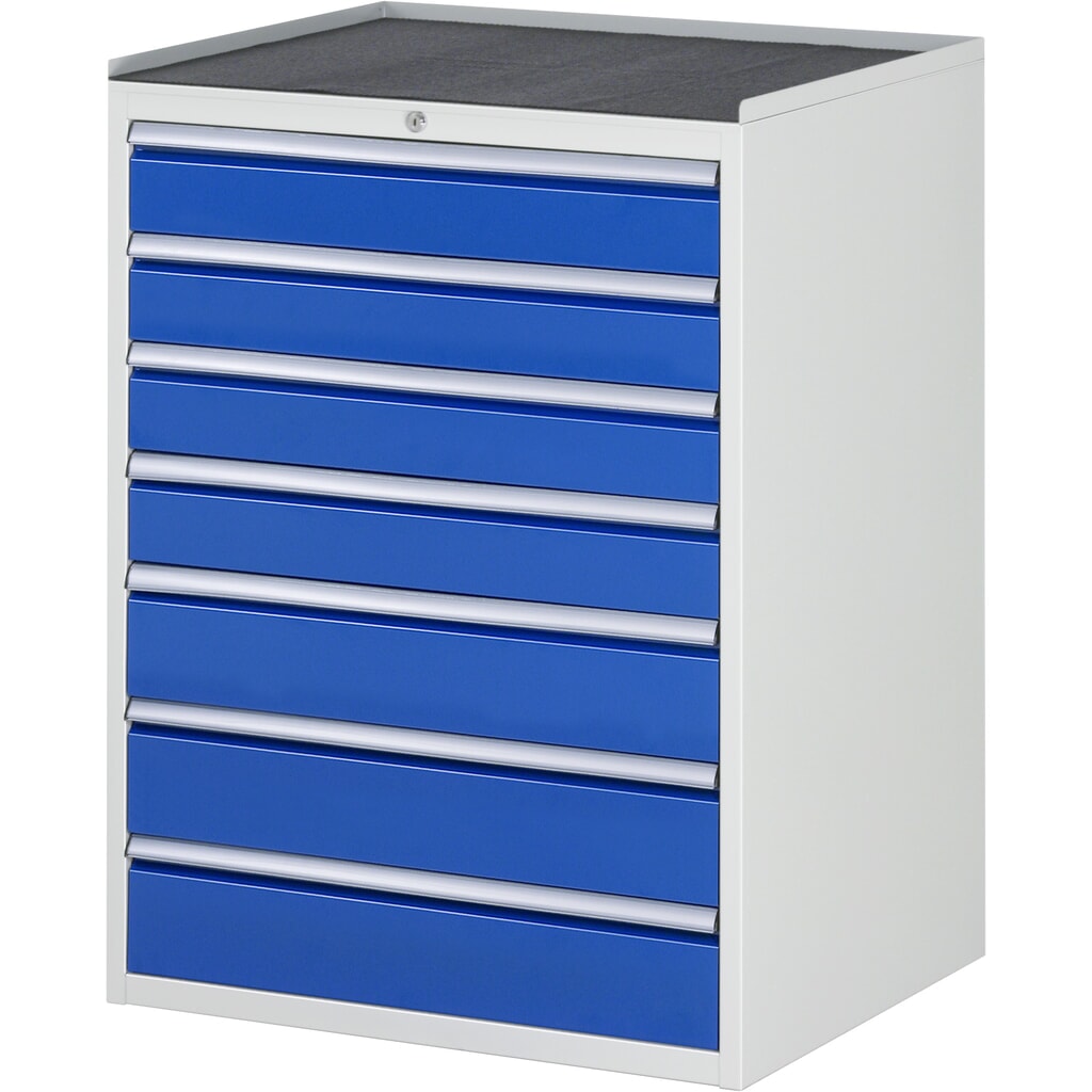 Produktabbildung: RAU Schubladenschrank Serie 7000, HxBxT 1.035 x 770 x 650 mm, 7 x 90%-Auszug-Schubladen 4 x 120, 3 x 150 mm, Arbeitsplatte Metall