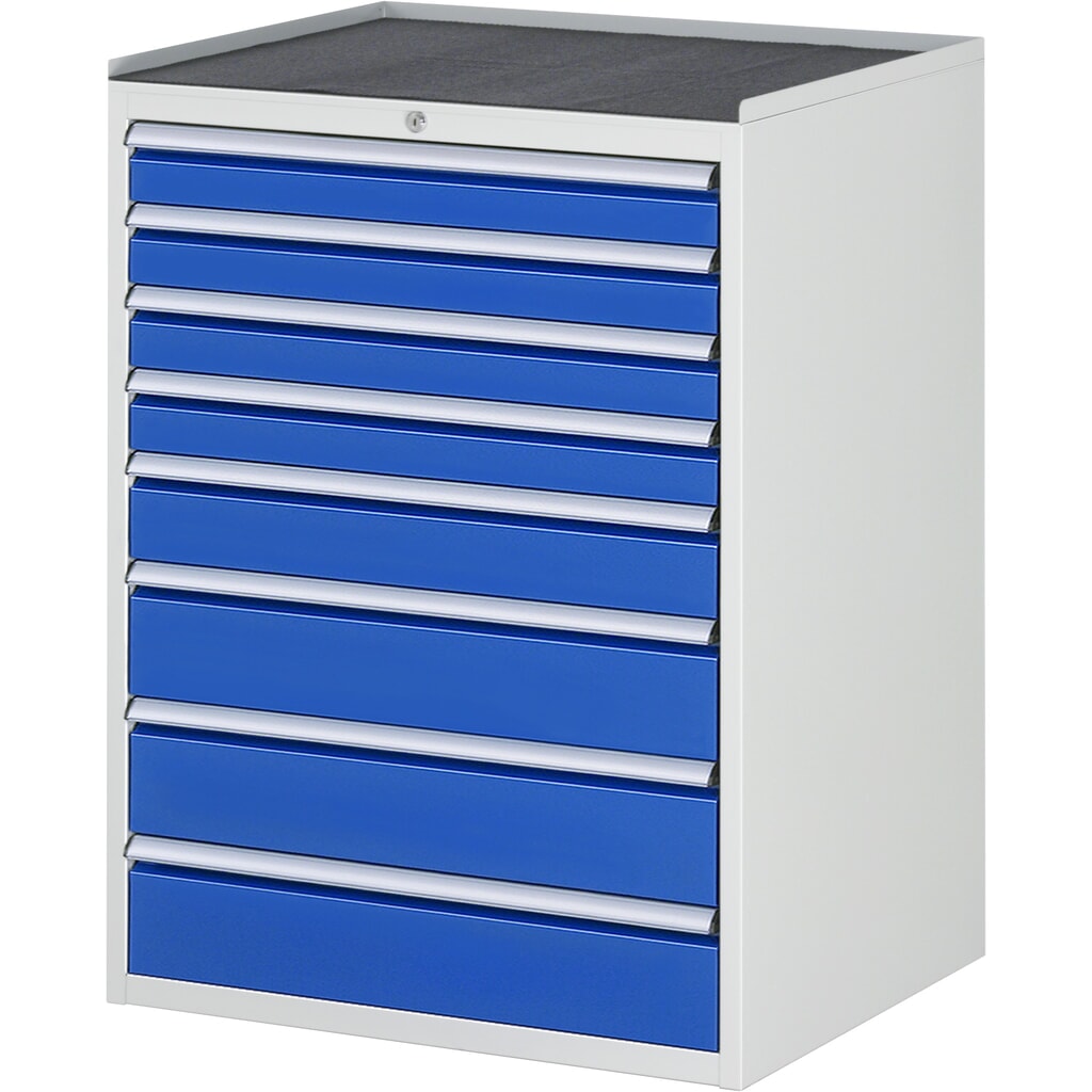 Produktabbildung: RAU Schubladenschrank Serie 7000, HxBxT 1.035 x 770 x 650 mm, 8 x 90%-Auszug-Schubladen 4 x 90, 1 x 120, 3 x 150 mm, Arbeitsplatte Metall