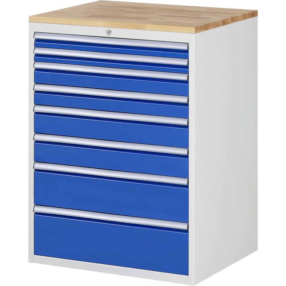 Produktabbildung: RAU Schubladenschrank Serie 7000, HxBxT 1.035 x 770 x 650 mm, 8 x 100%-Auszug-Schubladen 2 x 60, 2 x 90, 2 x 120, 1 x 180, 1 x 210 mm, Arbeitsplatte Buche