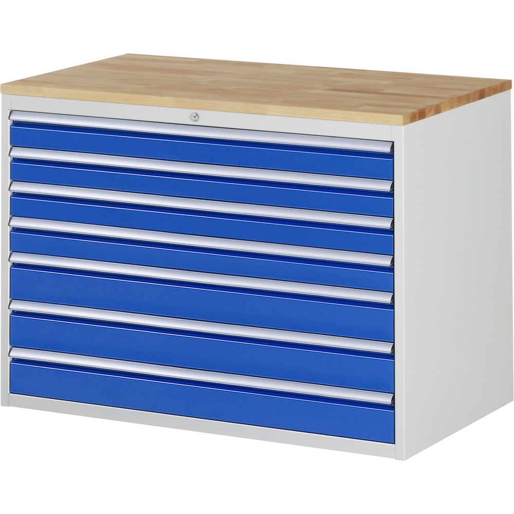 Produktabbildung: RAU Schubladenschrank Serie 7000, HxBxT 825 x 1.145 x 650 mm, 7 x 100%-Auszug-Schubladen 4 x 90, 3 x 120 mm, Arbeitsplatte Buche