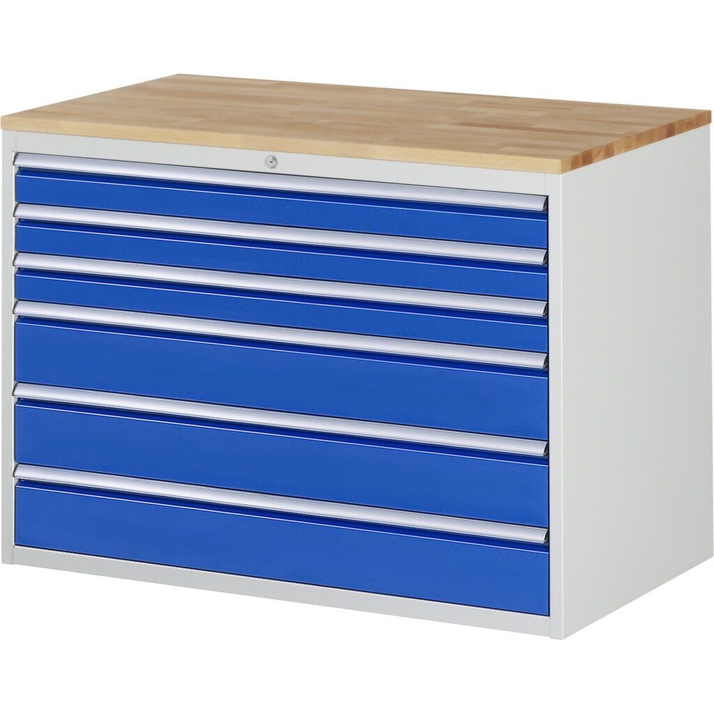 RAU Schubladenschrank Serie 7000, HxBxT 825 x 1.145 x 650 mm, 6 x 90%-Auszug-Schubladen 3 x 90, 3 x 150 mm, Arbeitsplatte Buche Produktabbildung: RAU Schubladenschrank Serie 7000, HxBxT 825 x 1.145 x 650 mm, 6 x 90%-Auszug-Schubladen 3 x 90, 3 x 150 mm, Arbeitsplatte Buche