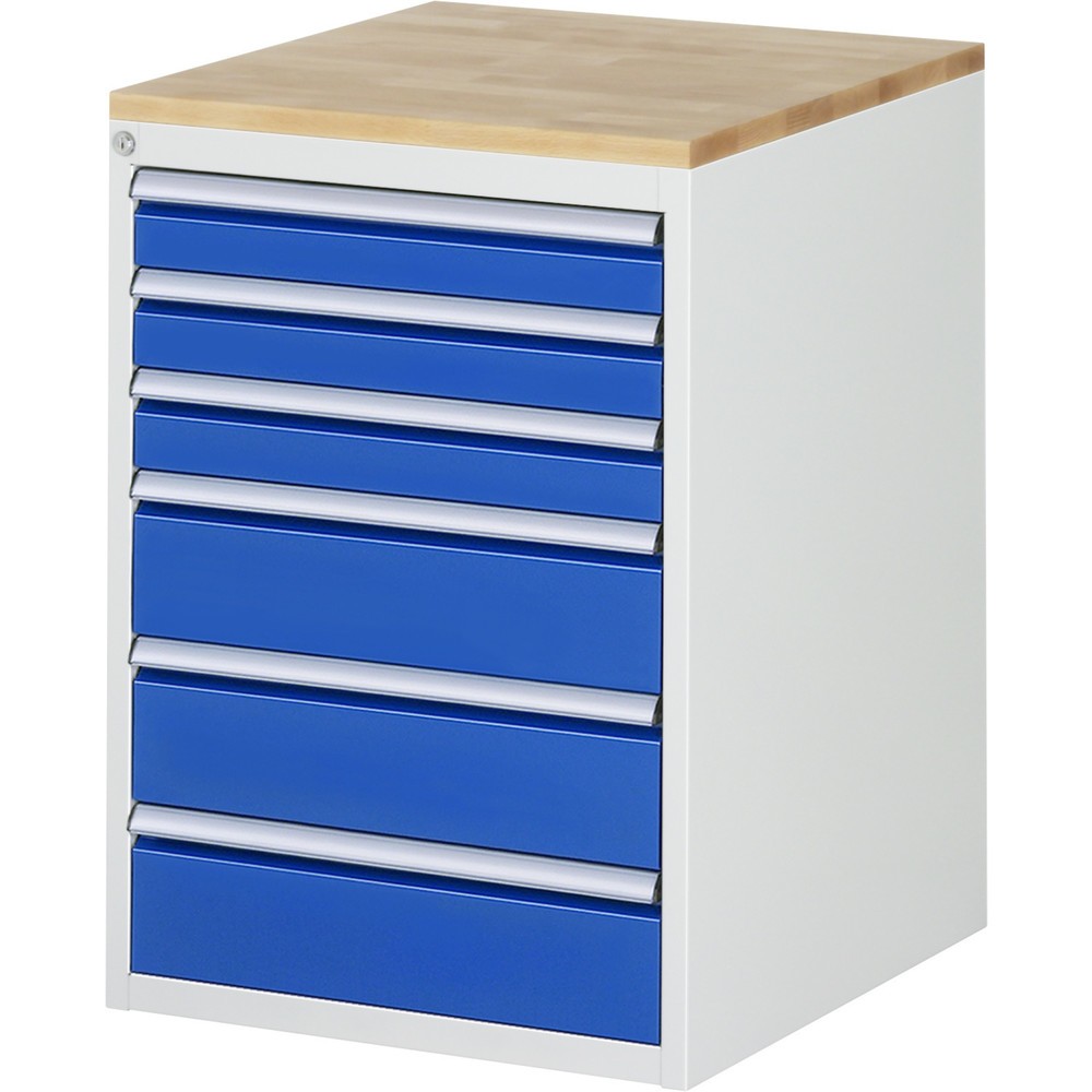Produktabbildung: RAU Schubladenschrank Serie 7000, HxBxT 825 x 580 x 650 mm, 6 x 100%-Auszug-Schubladen 3 x 90, 3 x 150 mm, Arbeitsplatte Buche