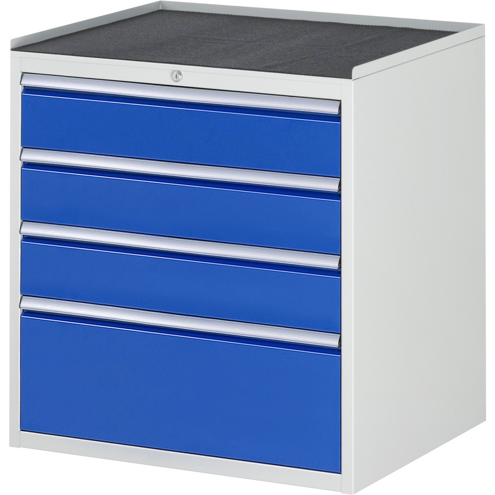 Produktabbildung: RAU Schubladenschrank Serie 7000, HxBxT 825 x 770 x 650 mm, 4 x 90%-Auszug-Schubladen 3 x 150, 1 x 270 mm, Arbeitsplatte Metall