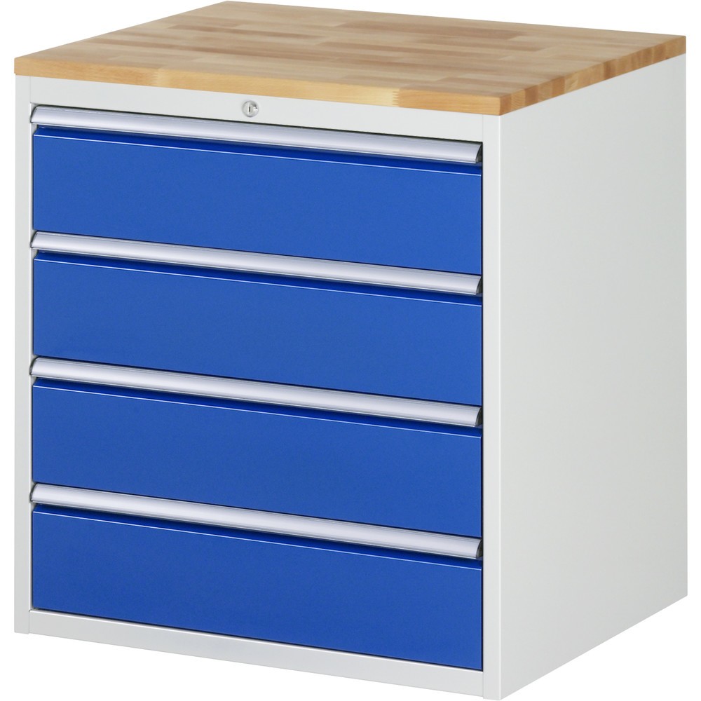 Produktabbildung: RAU Schubladenschrank Serie 7000, HxBxT 825 x 770 x 650 mm, 4 x 90%-Auszug-Schubladen 4 x 180 mm, Arbeitsplatte Buche