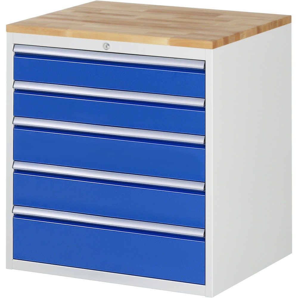 Produktabbildung: RAU Schubladenschrank Serie 7000, HxBxT 825 x 770 x 650 mm, 5 x 90%-Auszug-Schubladen 2 x 120, 2 x 150, 1 x 180 mm, Arbeitsplatte Buche