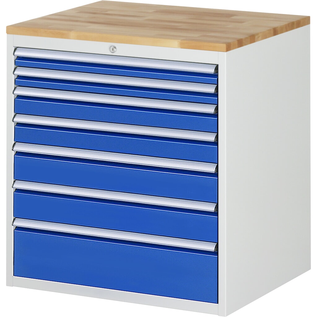 RAU Schubladenschrank Serie 7000, HxBxT 825 x 770 x 650 mm, 7 x 90%-Auszug-Schubladen 2 x 60, 2 x 90, 2 x 120, 1 x 180 mm, Arbeitsplatte Buche Produktabbildung: RAU Schubladenschrank Serie 7000, HxBxT 825 x 770 x 650 mm, 7 x 90%-Auszug-Schubladen 2 x 60, 2 x 90, 2 x 120, 1 x 180 mm, Arbeitsplatte Buche