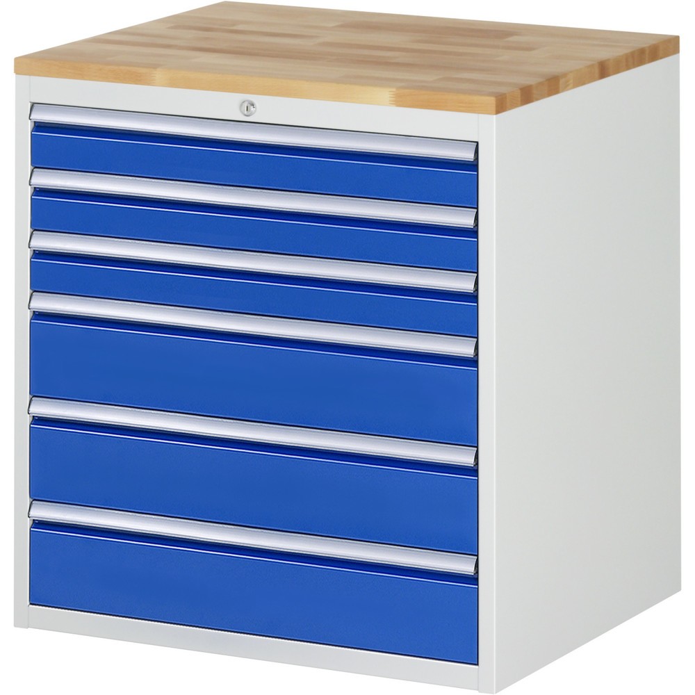 Produktabbildung Nr. 1: RAU Schubladenschrank Serie 7000, HxBxT 825 x 770 x 650 mm, 6 x 100%-Auszug-Schubladen 3 x 90, 3 x 150 mm, Arbeitsplatte Buche