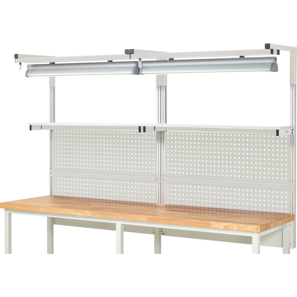N° de l'image du produit 2 : Module d’établi RAU, haut. x larg. x prof. 1 380 x 2 500 x 350 mm, avec 2 étagères, 2 rails de fixation, 2 paires de potences et 2 lampes, kit complet 04 pour largeur de produit 2 500 mm
