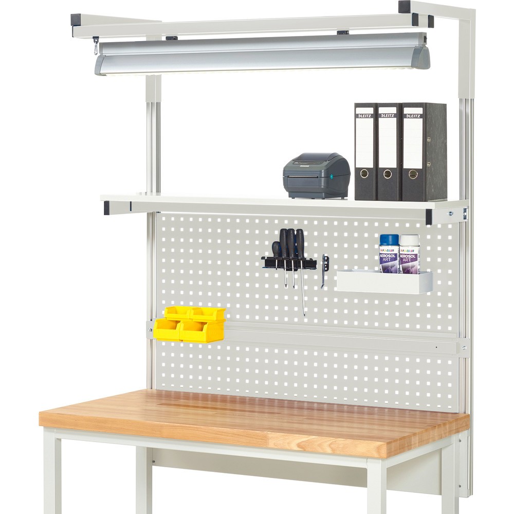 Product afbeelding: Werkbankopbouw RAU, hxbxd 1.380 x 1.250 x 350 mm, met 1 legbord, 1 draagrail, 1 paar draagarmen en 1 lamp, complete set 04 voor productbreedte 1.250 mm
