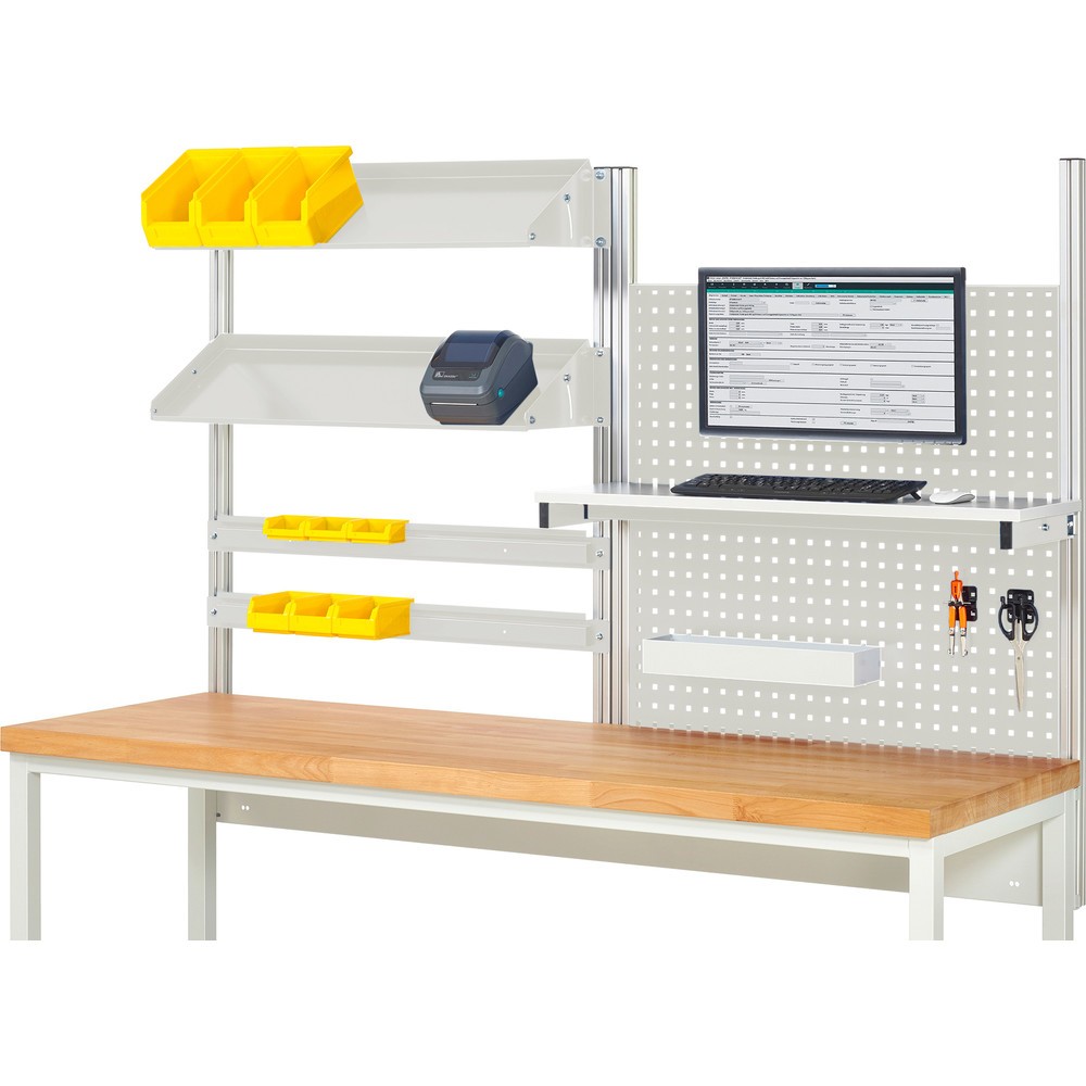 Product afbeelding: Werkbankopbouw RAU, hxbxd 1.130 x 2.000 x 350 mm, met 1 legbord, 2 draagrails, 2 kantelbare metalen legborden en 1 flatscreenhouder, complete set 05 voor productbreedte 2.000 mm