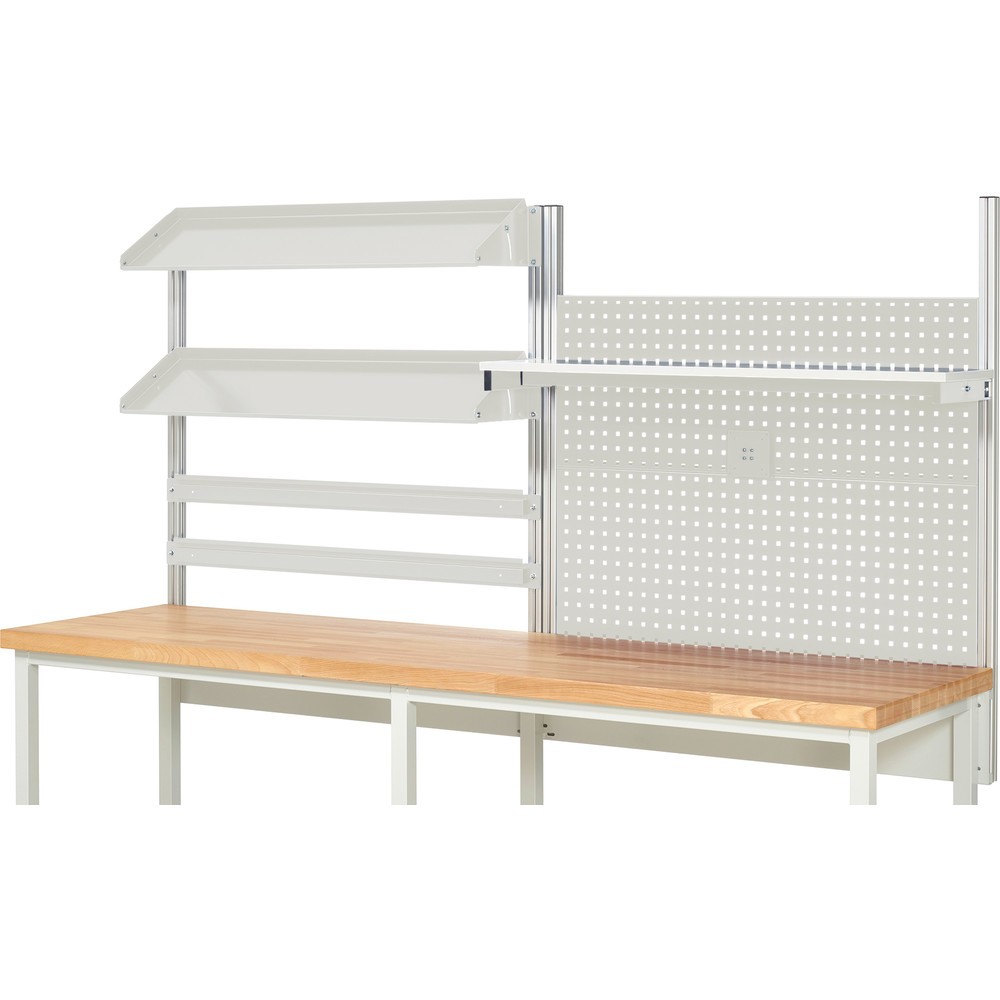 Productafbeelding nr. 2: Werkbankopbouw RAU, hxbxd 1.130 x 2.500 x 350 mm, met 1 legbord, 2 draagrails, 2 kantelbare metalen legborden en 1 flatscreenhouder, complete set 05 voor productbreedte 2.500 mm