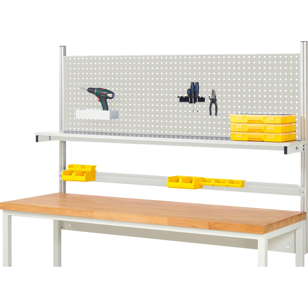 Produktabbildung: RAU Werkbank-Aufbau, HxBxT 1.130 x 2.000 x 350 mm, mit 1 Etagenboard melaminharzbeschichtete Platte und 1 Halteschiene, Komplettset 01 für Produktbreite 2.000 mm
