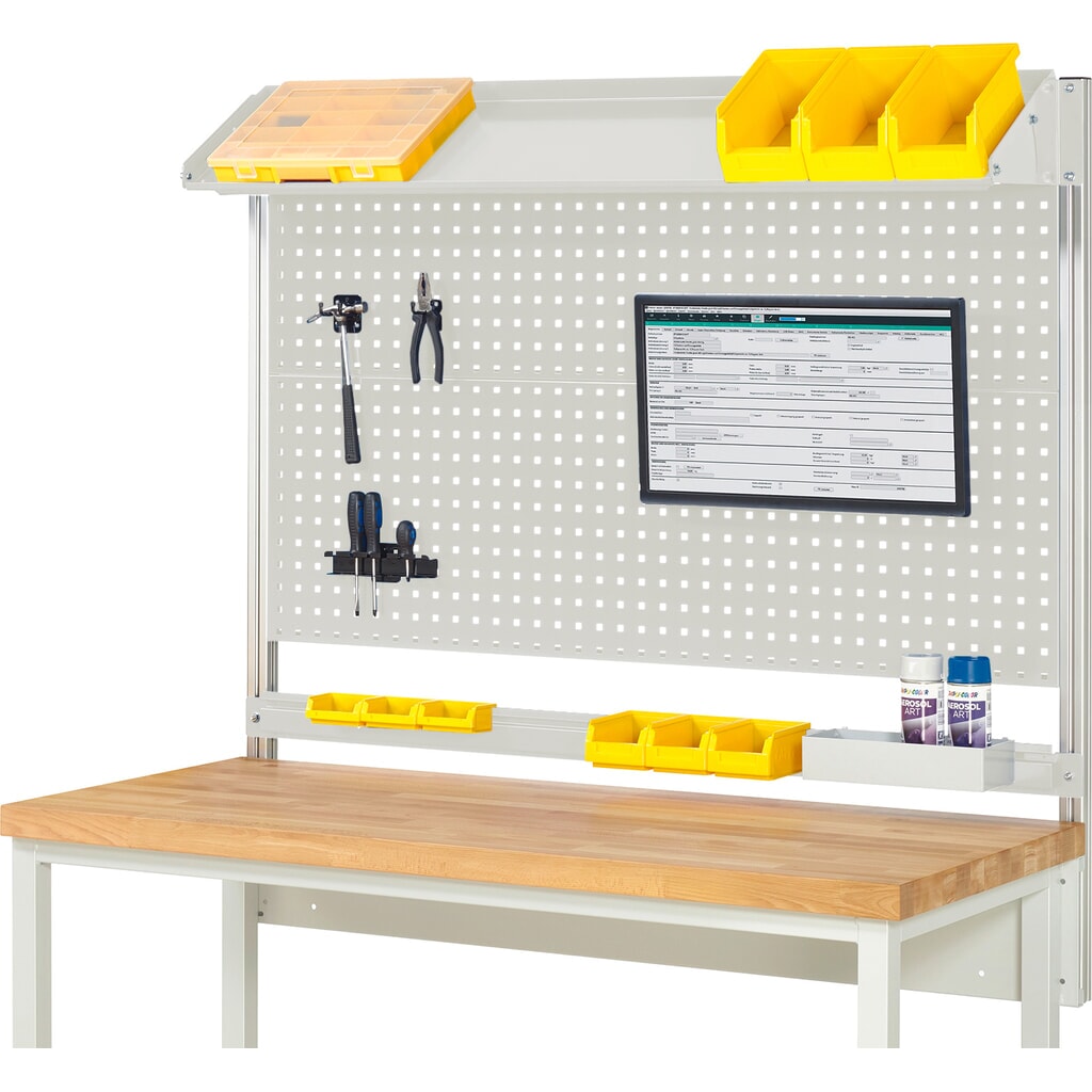 RAU Werkbank-Aufbau, HxBxT 1.130 x 1.500 x 350 mm, mit 1 neigbaren Metallablage, 1 Halteschiene und 1 Flachbildschirmhalter, Komplettset 02 für Produktbreite 1.500 mm Produktabbildung: RAU Werkbank-Aufbau, HxBxT 1.130 x 1.500 x 350 mm, mit 1 neigbaren Metallablage, 1 Halteschiene und 1 Flachbildschirmhalter, Komplettset 02 für Produktbreite 1.500 mm