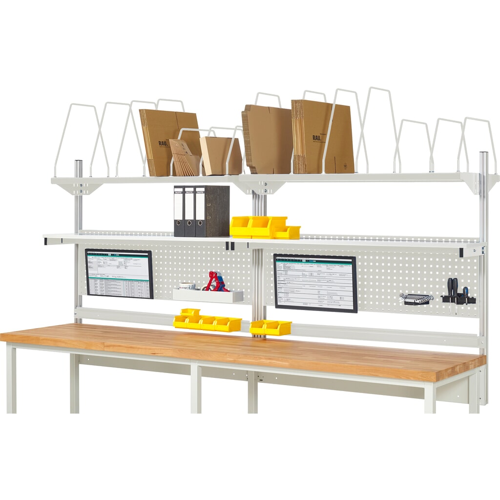 RAU Werkbank-Aufbau, HxBxT 1.130 x 3.000 x 350 mm, mit 2 Etagenboards, 2 Halteschienen und 2 Flachbildschirmhalter, Komplettset 03 für Produktbreite 3.000 mm Produktabbildung: RAU Werkbank-Aufbau, HxBxT 1.130 x 3.000 x 350 mm, mit 2 Etagenboards, 2 Halteschienen und 2 Flachbildschirmhalter, Komplettset 03 für Produktbreite 3.000 mm