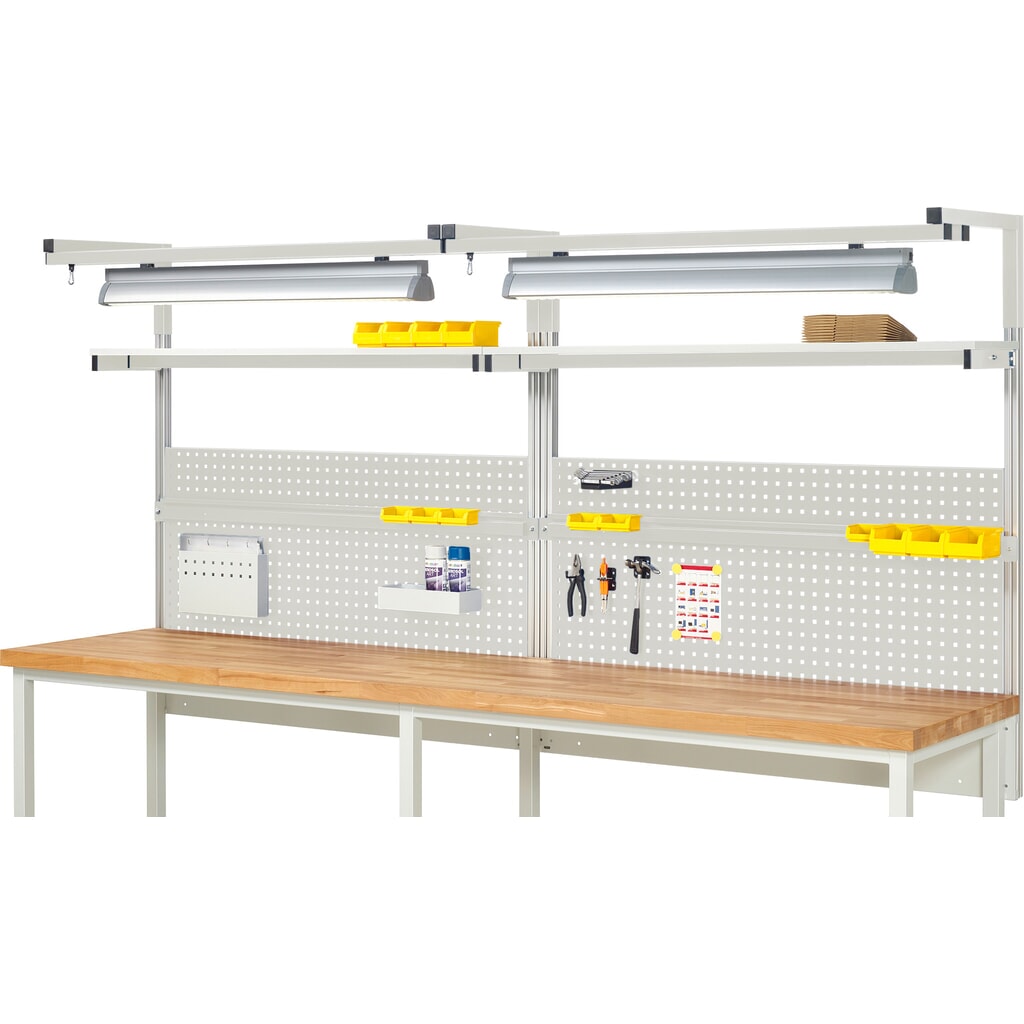 Produktabbildung: RAU Werkbank-Aufbau, HxBxT 1.380 x 3.000 x 350 mm, mit 2 Etagenboards, 2 Halteschienen, 2 Auslegerpaare und 2 Leuchten, Komplettset 04 für Produktbreite 3.000 mm