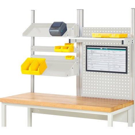Produktabbildung Nr. 1: RAU Werkbank-Aufbau, HxBxT 1.130 x 1.500 x 350 mm, mit 1 Etagenboard, 2 Halteschienen, 2 neigbare Metallablagen und 1 Flachbildschirmhalter, Komplettset 05 für Produktbreite 1.500 mm
