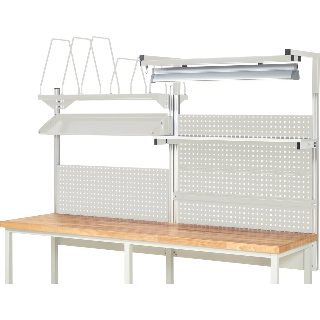 Produktabbildung Nr. 2: RAU Werkbank-Aufbau, HxBxT 1.380 x 2.500 x 2.500 mm, mit 1 Etagenboard, 1 Halteschiene, 1 neigbare Metallablage, 1 Flachbildschirmhalter und 1 Leuchte, Komplettset 06 für Produktbreite 2.500 mm