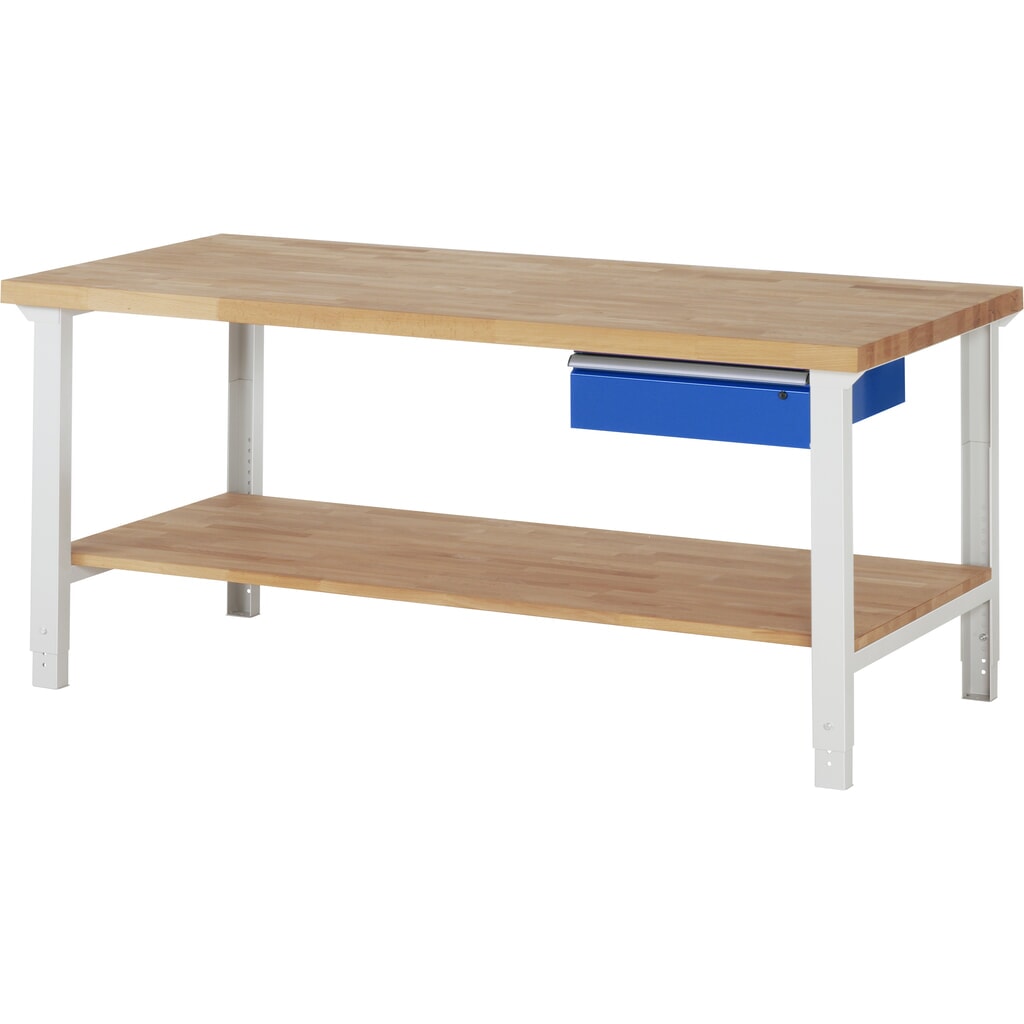 Produktabbildung: RAU Werkbank Serie 7000, HxBxT 790-1.140 x 2.000 x 900 mm, 1 Ablageboden, 1 Schublade, ErgoScript