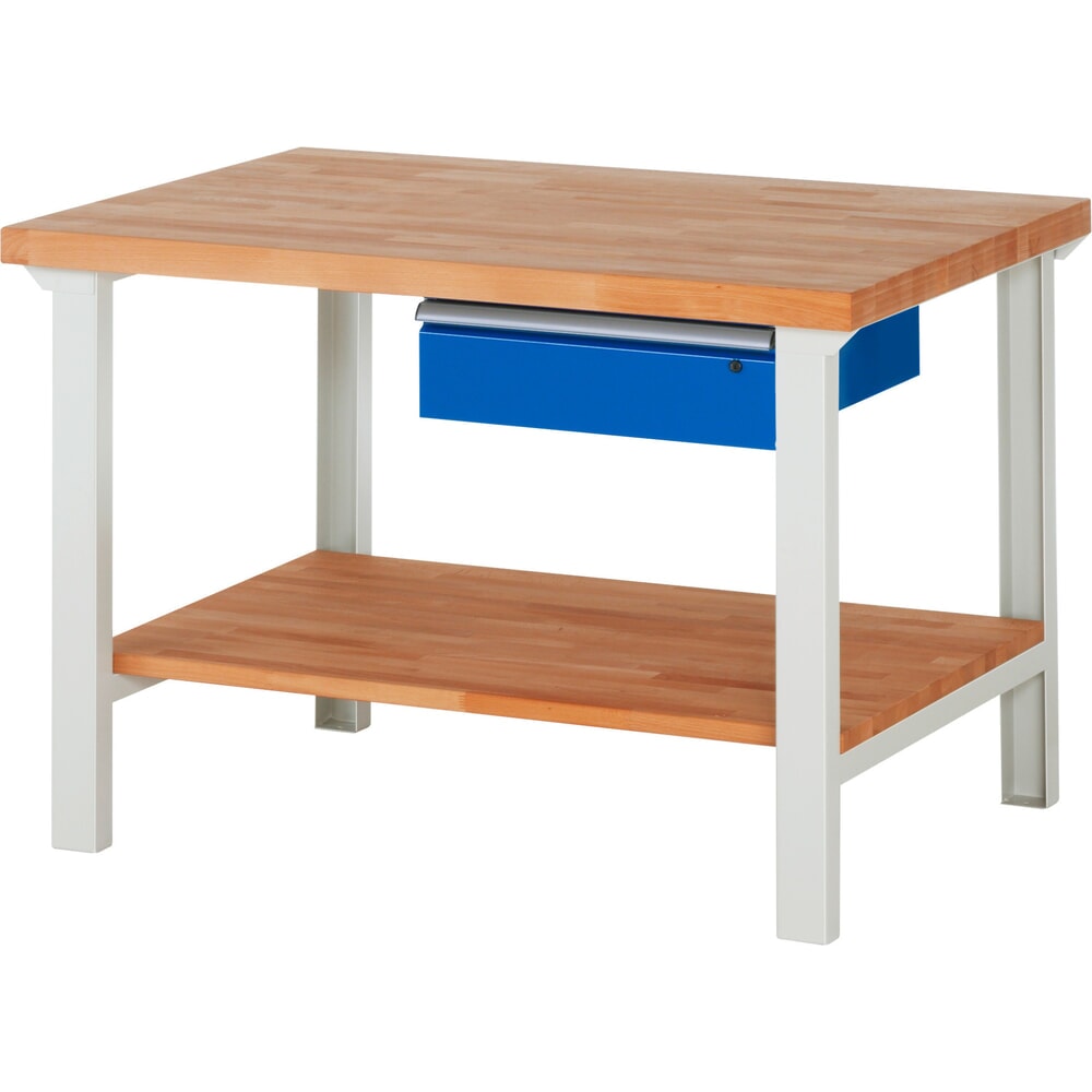 Produktabbildung: RAU Werkbank Serie 7000, 1 Buche-Massiv-Ablageboden, HxBxT 840 x 1.250 x 900 mm, 1 Schublade 1 x 150 mm