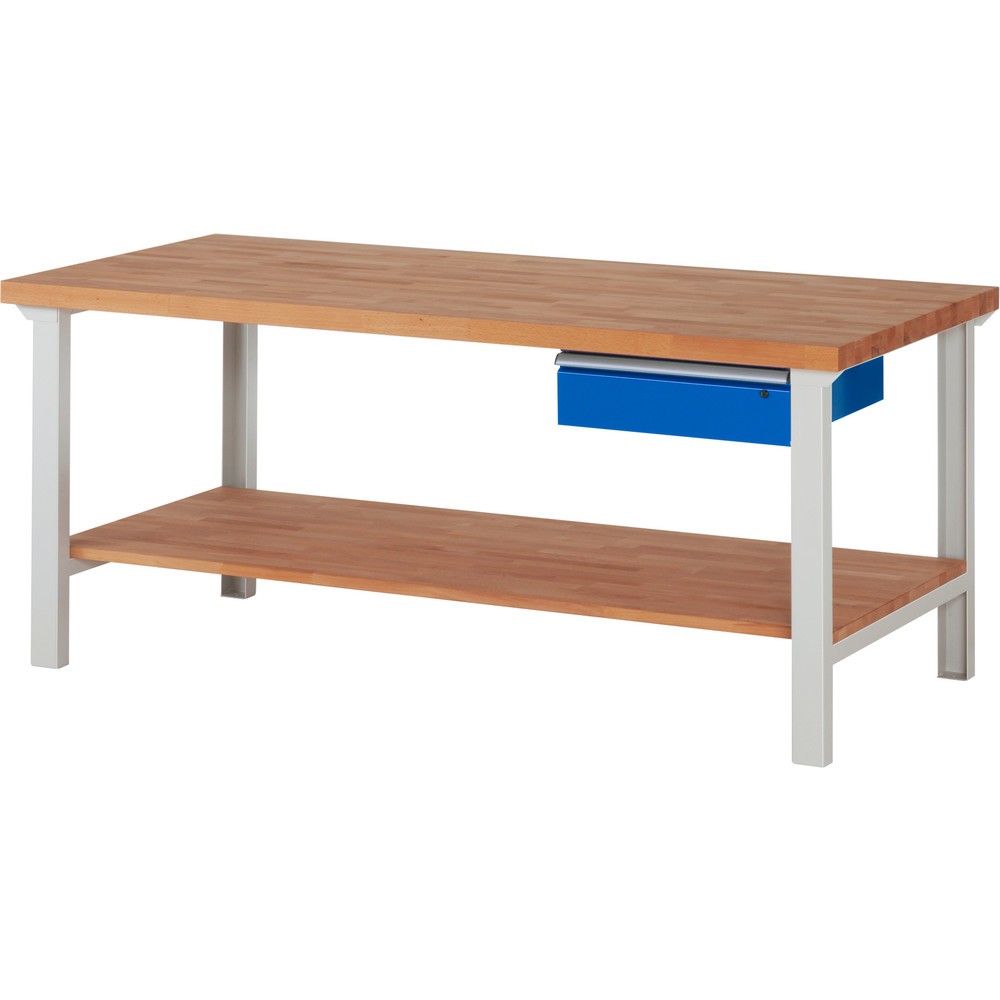 Produktabbildung: RAU Werkbank Serie 7000, 1 Buche-Massiv-Ablageboden, HxBxT 840 x 2.000 x 900 mm, 1 Schublade 1 x 150 mm
