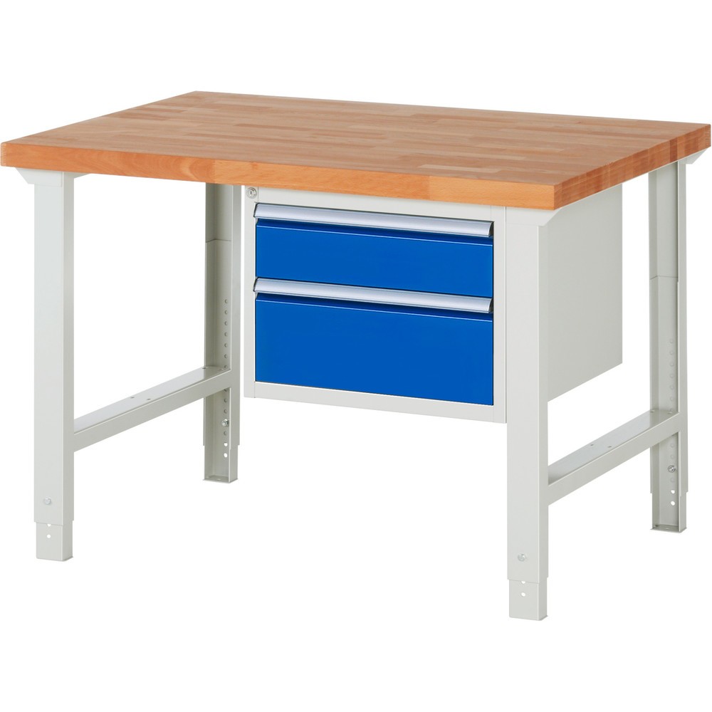 Produktabbildung: RAU Werkbank Serie 7000, 1 Container, HxBxT 790-1.140 x 1.250 x 900 mm, 2 x 100%-Auszug-Schubladen 1 x 150, 1 x 210 mm