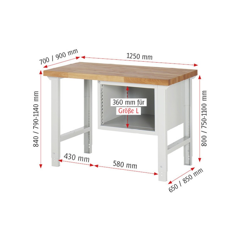 Produktabbildung Nr. 4: RAU Werkbank Serie 7000, 1 Container, HxBxT 840 x 1.250 x 700 mm, 3 x 90%-Auszug-Schubladen 1 x 60, 1 x 120, 1 x 180 mm, Schubladen-TK 100 kg