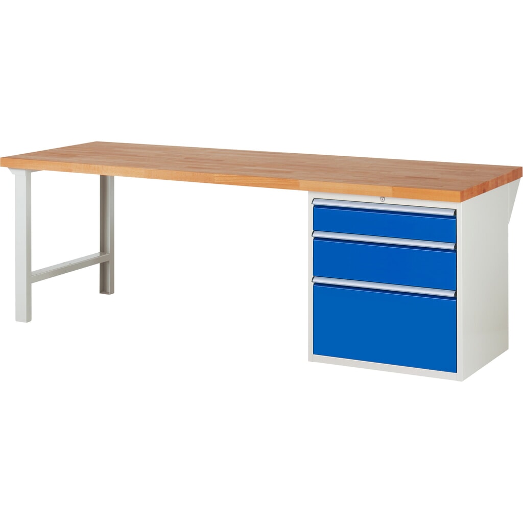 Produktabbildung: RAU Werkbank Serie 7000, 1 Container, HxBxT 890 x 2.500 x 900 mm, 3 x 100%-Auszug-Schubladen 1 x 150, 1 x 210, 1 x 360 mm, Schubladen-TK 100 kg