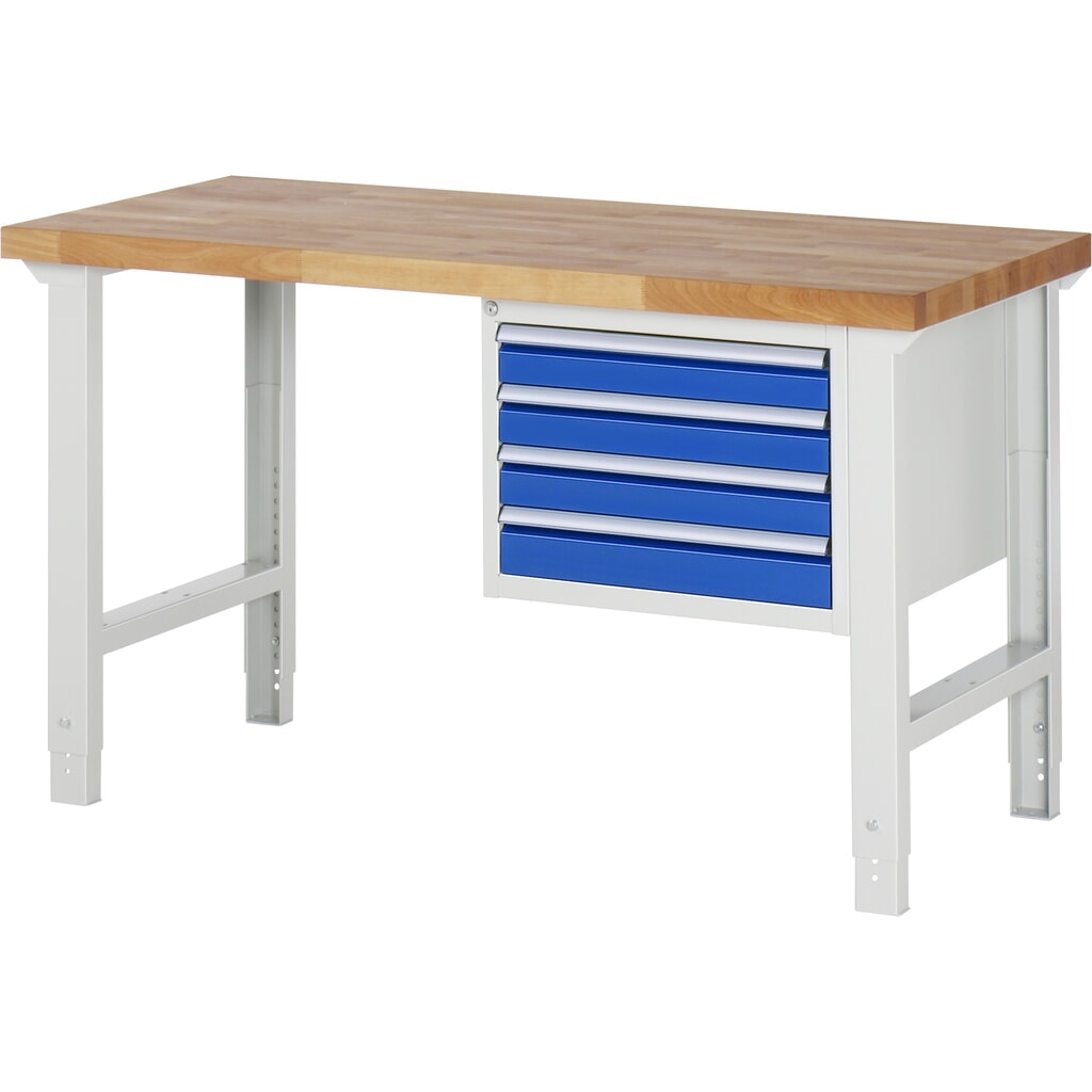 Produktabbildung: RAU Werkbank Serie  7000, 1 Container, HxBxT 790-1.140 x 1.500 x 700 mm, 4 x 90%-Auszug-Schubladen 4 x 90 mm