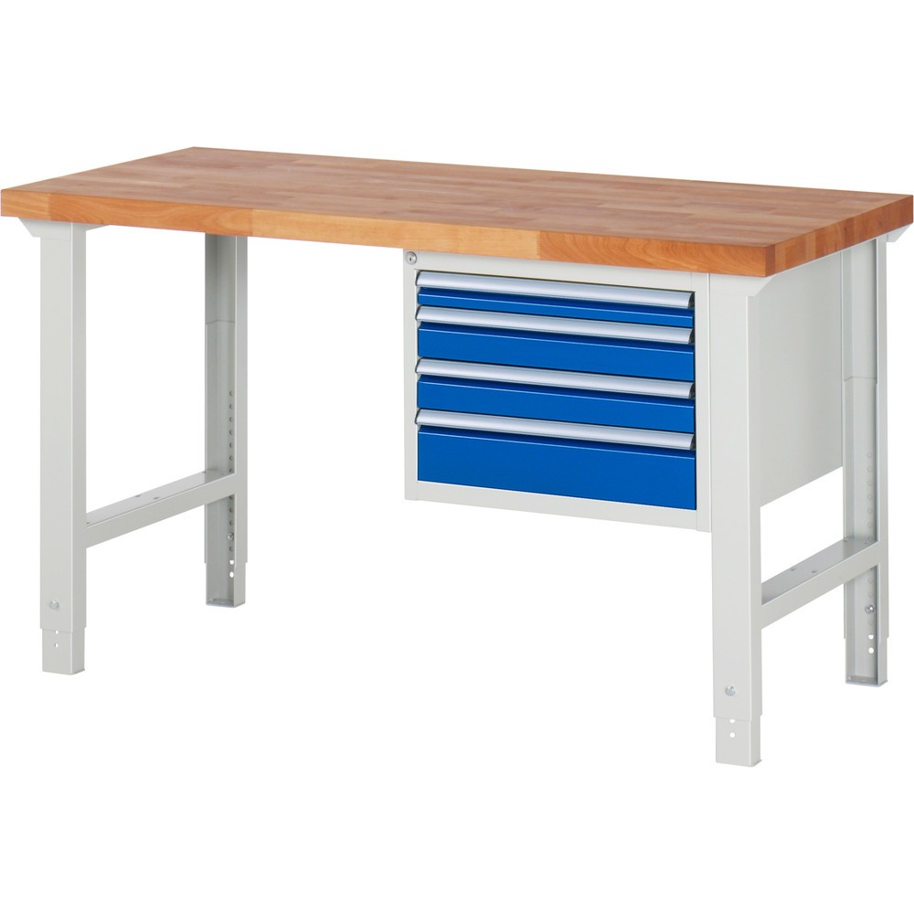 Produktabbildung: RAU Werkbank Serie 7000, 1 Container, HxBxT 790-1.140 x 1.500 x 700 mm, 4 x 90%-Auszug-Schubladen 1 x 60, 2 x 90, 1 x 120 mm