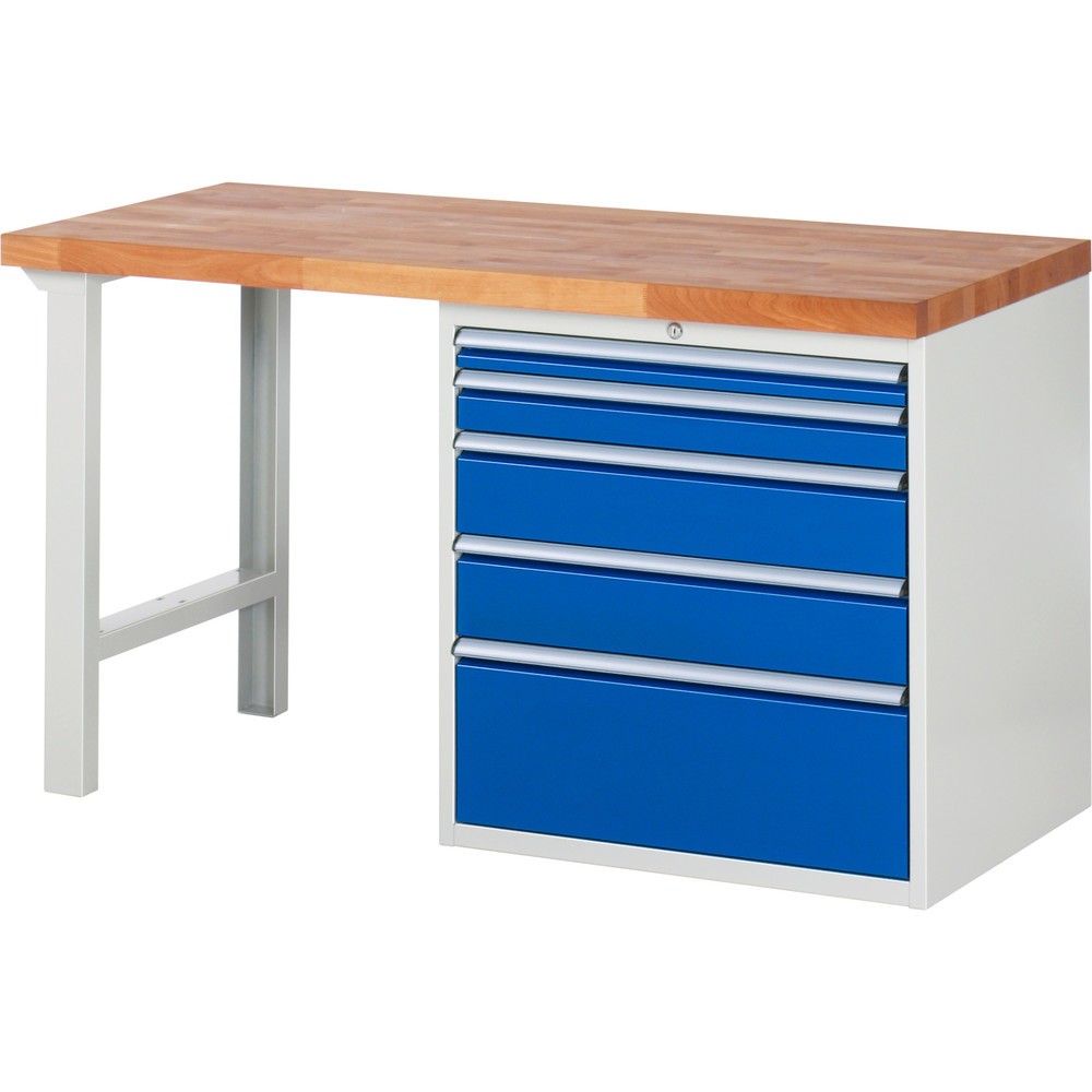 Produktabbildung: RAU Werkbank Serie 7000, 1 Container, HxBxT 890 x 1.500 x 700 mm, 5 x 100%-Auszug-Schubladen 1 x 60, 1 x 90, 2 x 150, 1 x 270 mm, Schubladen-TK 75 kg