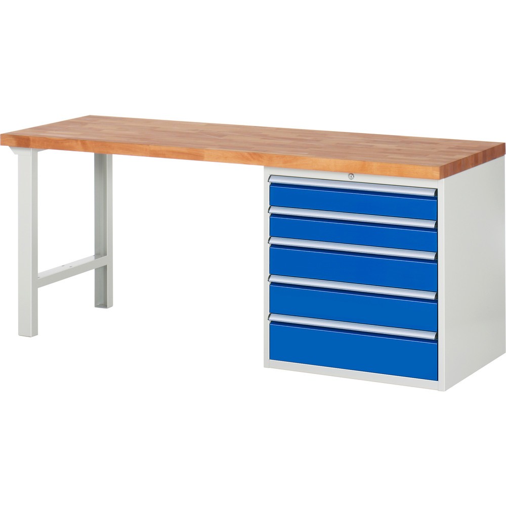 Produktabbildung: RAU Werkbank Serie 7000, 1 Container, HxBxT 890 x 2.000 x 700 mm, 5 x 100%-Auszug-Schubladen 2 x 120, 2 x 150, 1 x 180 mm, Schubladen-TK 75 kg