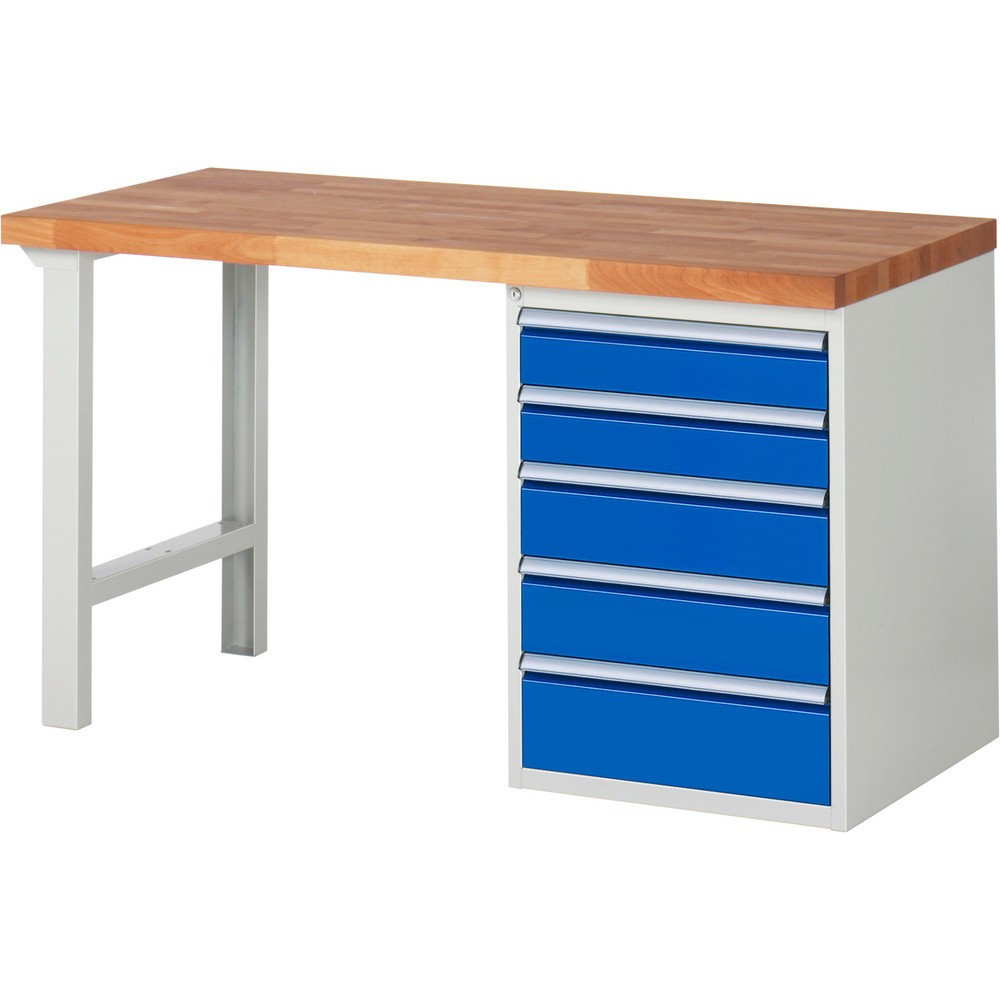 Produktabbildung: RAU Werkbank Serie 7000, 1 Container, HxBxT 890 x 1.500 x 700 mm, 5 x 100%-Auszug-Schubladen 2 x 120, 2 x 150, 1 x 180 mm, Schubladen-TK 100 kg