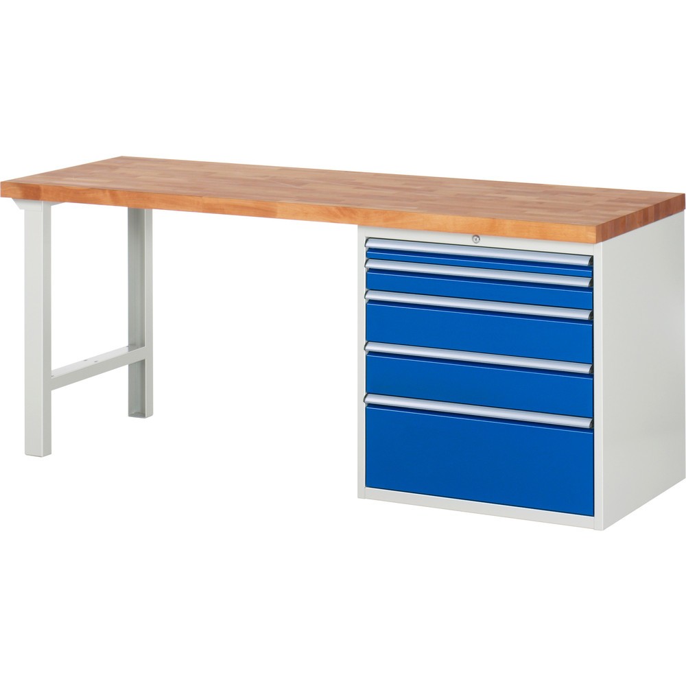 Produktabbildung: RAU Werkbank Serie 7000, 1 Container, HxBxT 890 x 2.000 x 700 mm, 5 x 90%-Auszug-Schubladen 1 x 60, 1 x 90, 2 x 150, 1 x 270 mm, Schubladen-TK 75 kg