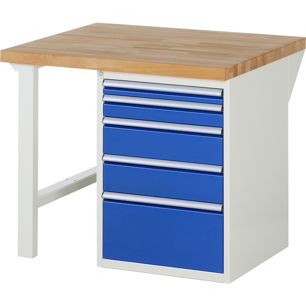Produktabbildung: RAU Werkbank Serie 7000, 1 Container, HxBxT 890 x 1.000 x 900 mm, 5 x 90%-Auszug-Schubladen 1 x 60, 1 x 90, 2 x 150, 1 x 270 mm, Schubladen-TK 100 kg