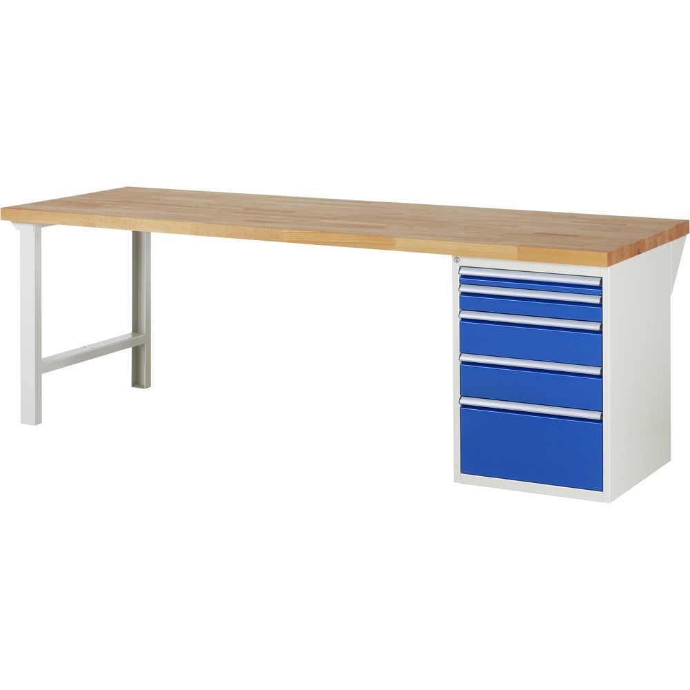 Produktabbildung: RAU Werkbank Serie 7000, 1 Container, HxBxT 890 x 2.500 x 900 mm, 5 x 90%-Auszug-Schubladen 1 x 60, 1 x 90, 2 x 150, 1 x 270 mm, Schubladen-TK 100 kg