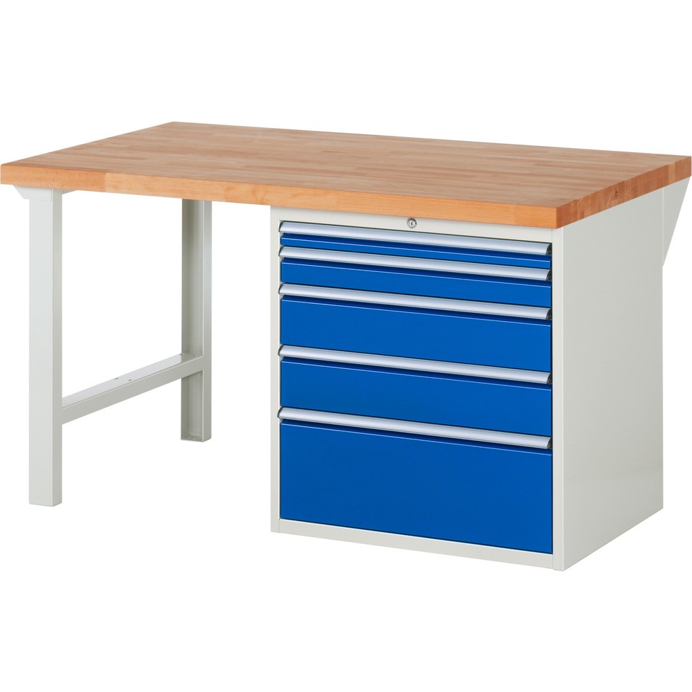 Produktabbildung: RAU Werkbank Serie 7000, 1 Container, HxBxT 890 x 1.500 x 900 mm, 5 x 100%-Auszug-Schubladen 1 x 60, 1 x 90, 2 x 150, 1 x 270 mm, Schubladen-TK 75 kg