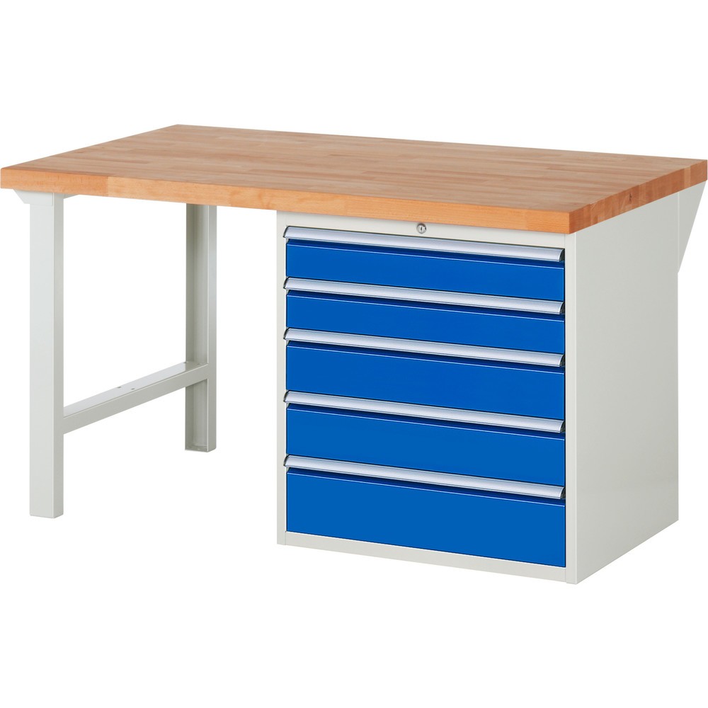 Produktabbildung Nr. 1: RAU Werkbank Serie 7000, 1 Container, HxBxT 840 x 1.500 x 900 mm, 5 x 100%-Auszug-Schubladen 2 x 120, 2 x 150, 1 x 180 mm, Schubladen-TK 100 kg