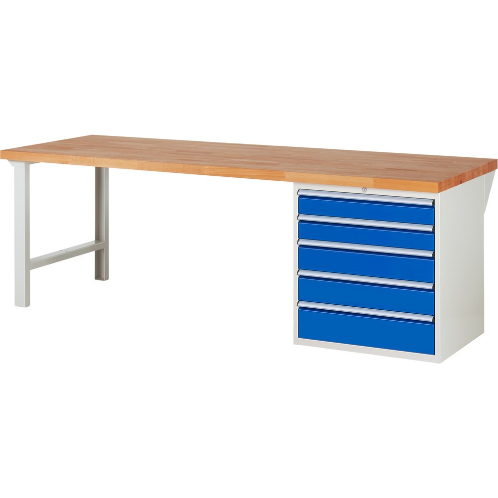 Produktabbildung: RAU Werkbank Serie 7000, 1 Container, HxBxT 890 x 2.500 x 900 mm, 5 x 90%-Auszug-Schubladen 2 x 120, 2 x 150, 1 x 180 mm, Schubladen-TK 75 kg