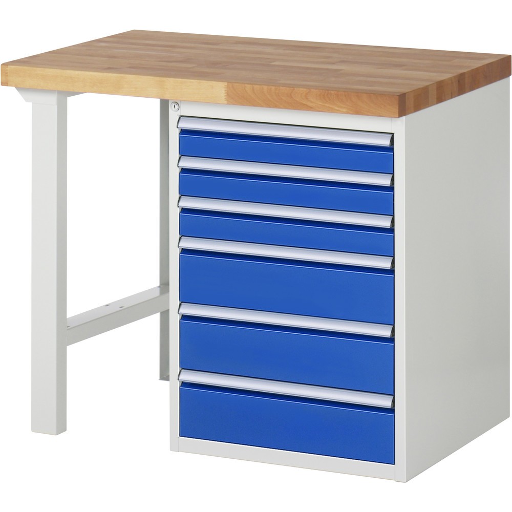 Produktabbildung: RAU Werkbank Serie 7000, 1 Container, HxBxT 890 x 1.000 x 700 mm, 6 x 90%-Auszug-Schubladen 3 x 90, 3 x 150 mm, Schubladen-TK 100 kg