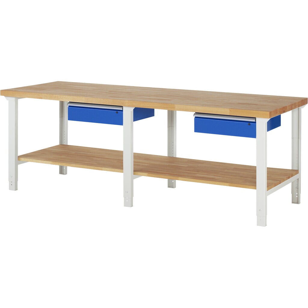 RAU Werkbank Serie 7000, HxBxT 790-1.140 x 2.500 x 900 mm, 1 Ablageboden, 2 Schubladen, ErgoScript Produktabbildung: RAU Werkbank Serie 7000, HxBxT 790-1.140 x 2.500 x 900 mm, 1 Ablageboden, 2 Schubladen, ErgoScript