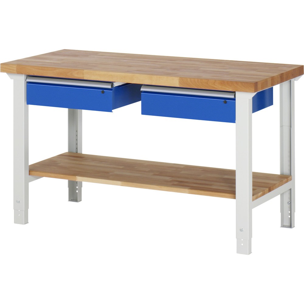 Produktabbildung Nr. 1: RAU Werkbank Serie 7000, HxBxT 790-1.140 x 1.500 x 700 mm, 1 Ablageboden, 2 Schubladen, ErgoScript