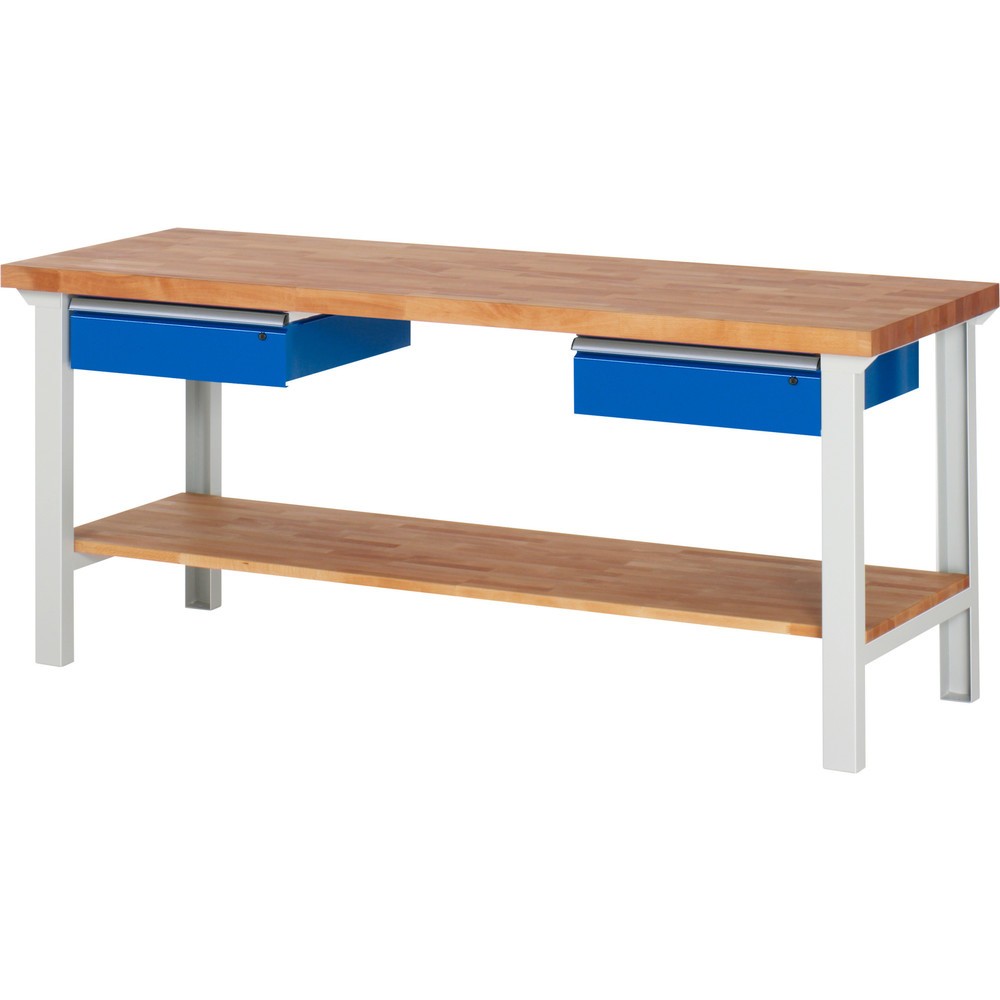 Produktabbildung: RAU Werkbank Serie 7000, 1 Buche-Massiv-Ablageboden, HxBxT 840 x 2.000 x 700 mm, 2 Schubladen 2 x 150 mm