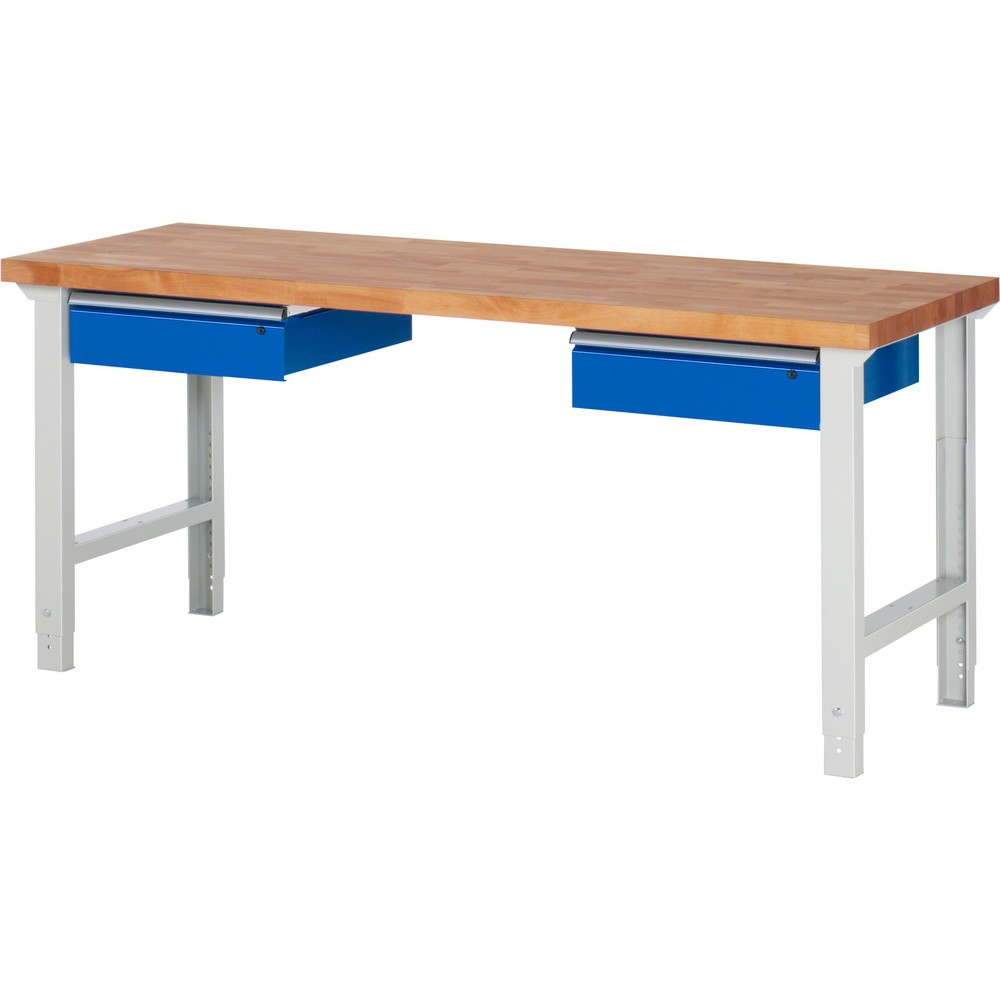 Produktabbildung: RAU Werkbank Serie 7000, HxBxT 790-1.140 x 2.000 x 700 mm, 2 Schubladen, ErgoScript