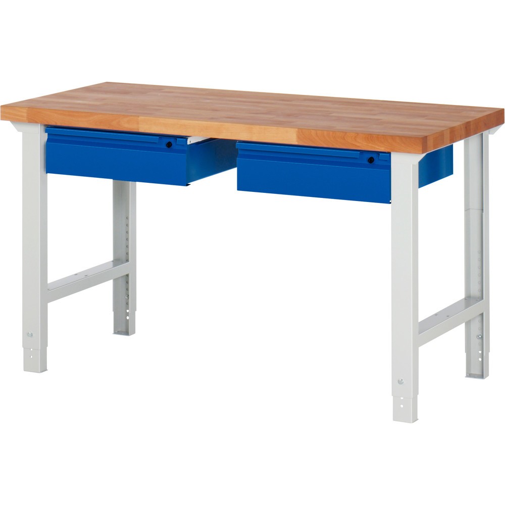 Produktabbildung: RAU Werkbank Serie 7000, HxBxT 790-1.140 x 1.500 x 700 mm, 2 Schubladen, integrierte Griffleiste