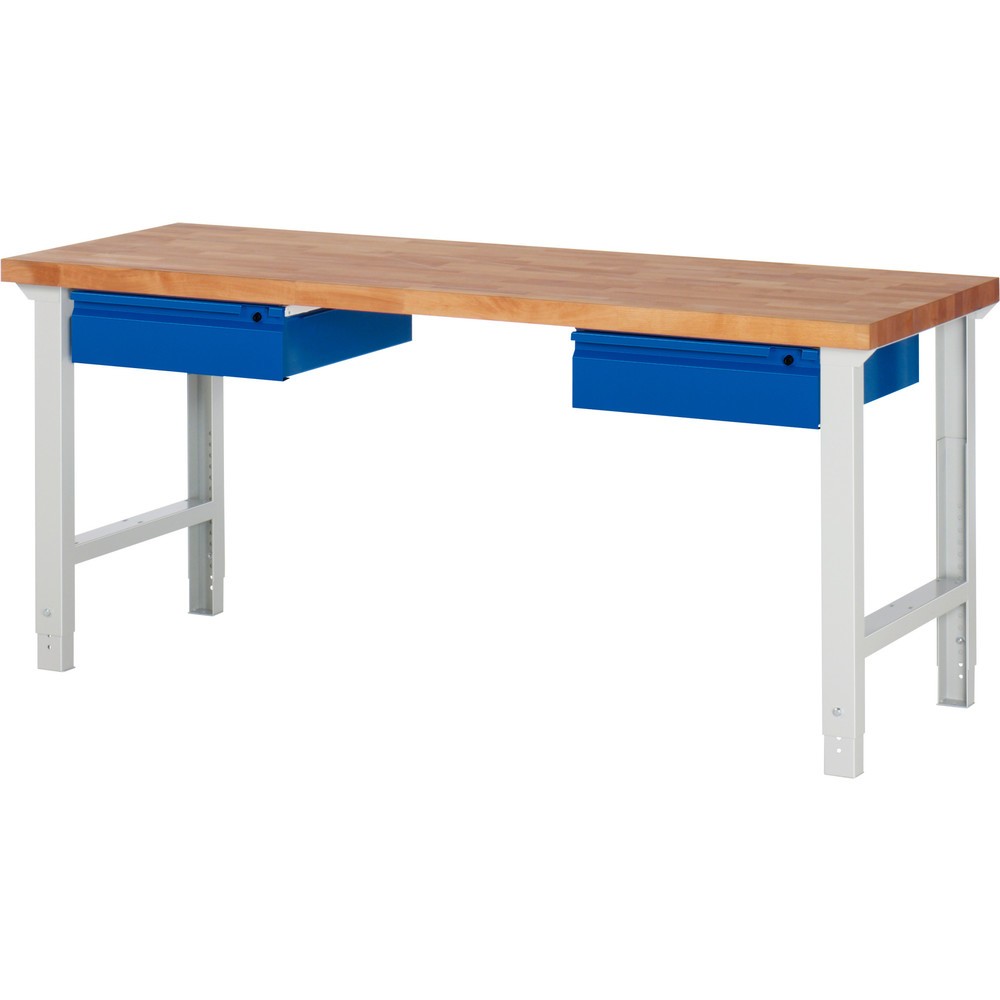 Produktabbildung: RAU Werkbank Serie 7000, HxBxT 790-1.140 x 2.000 x 700 mm, 2 Schubladen, integrierte Griffleiste