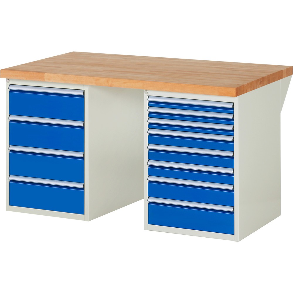 Produktabbildung: RAU Werkbank Serie 7000, 2 Container, HxBxT 840 x 1.500 x 900 mm, 12 x 100%-Auszug-Schubladen 3 x 60 mm, 3 x 90 mm, 1 x 120 mm, 1 x 150 mm, 4 x 180 mm