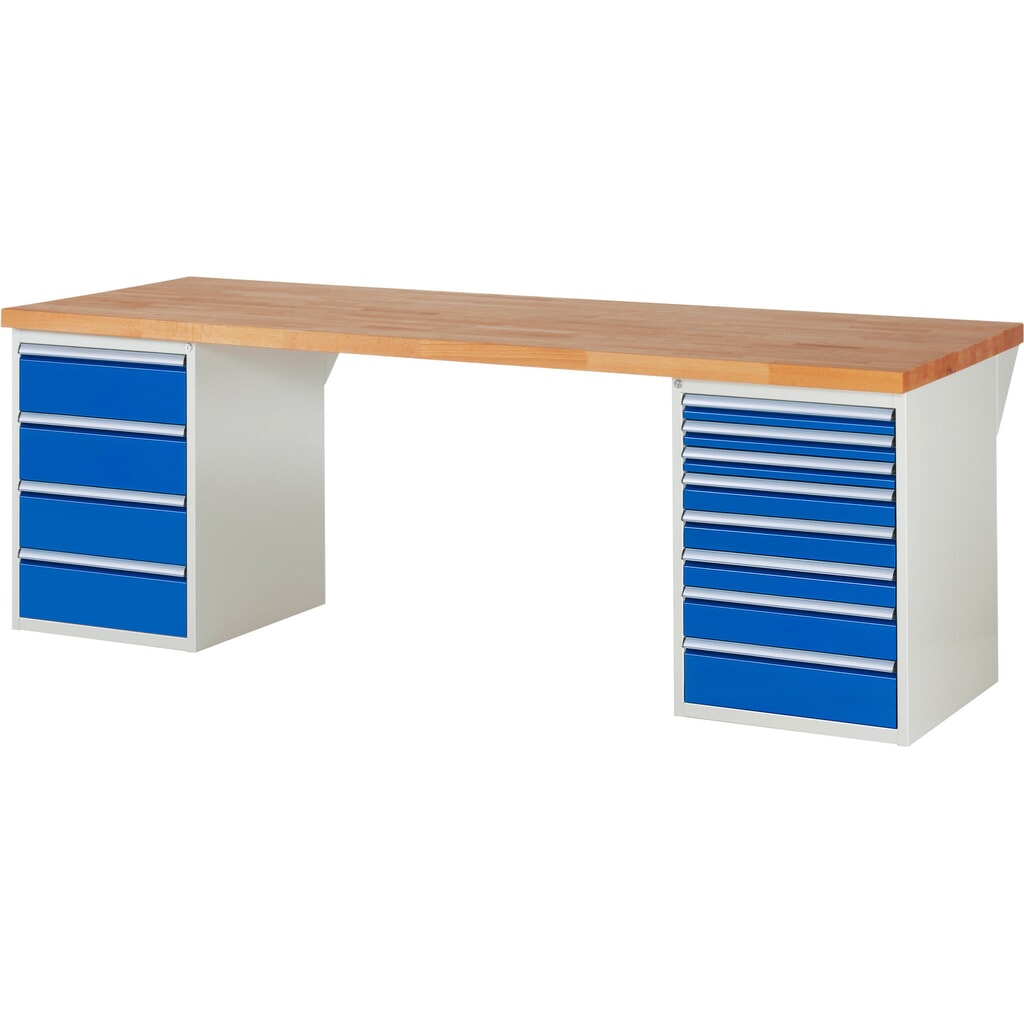 Produktabbildung: RAU Werkbank Serie 7000, 2 Container, HxBxT 840 x 2.500 x 900 mm, 12 x 100%-Auszug-Schubladen 3 x 60 mm, 3 x 90 mm, 1 x 120 mm, 1 x 150 mm, 4 x 180 mm