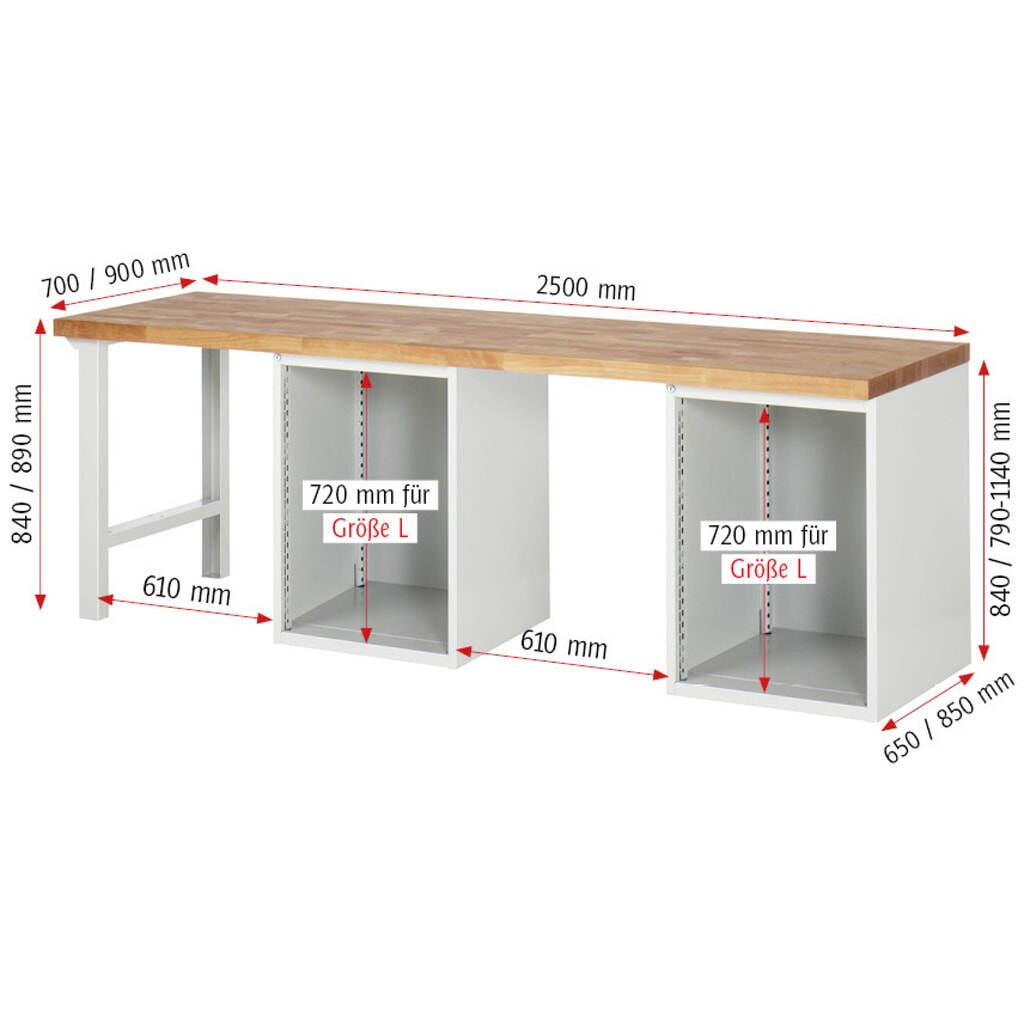 Produktabbildung Nr. 6: RAU Werkbank Serie 7000, 2 Container, HxBxT 890 x 2.500 x 700 mm, 16 x 90%-Auszug-Schubladen