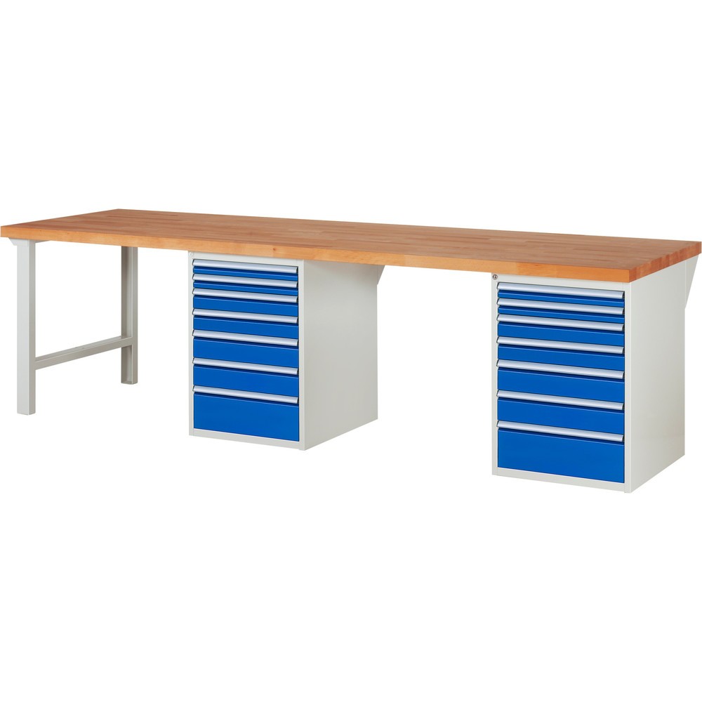 Produktabbildung: RAU Werkbank Serie 7000, 2 Container, HxBxT 890 x 3.000 x 900 mm, 14 x 90%-Auszug-Schubladen