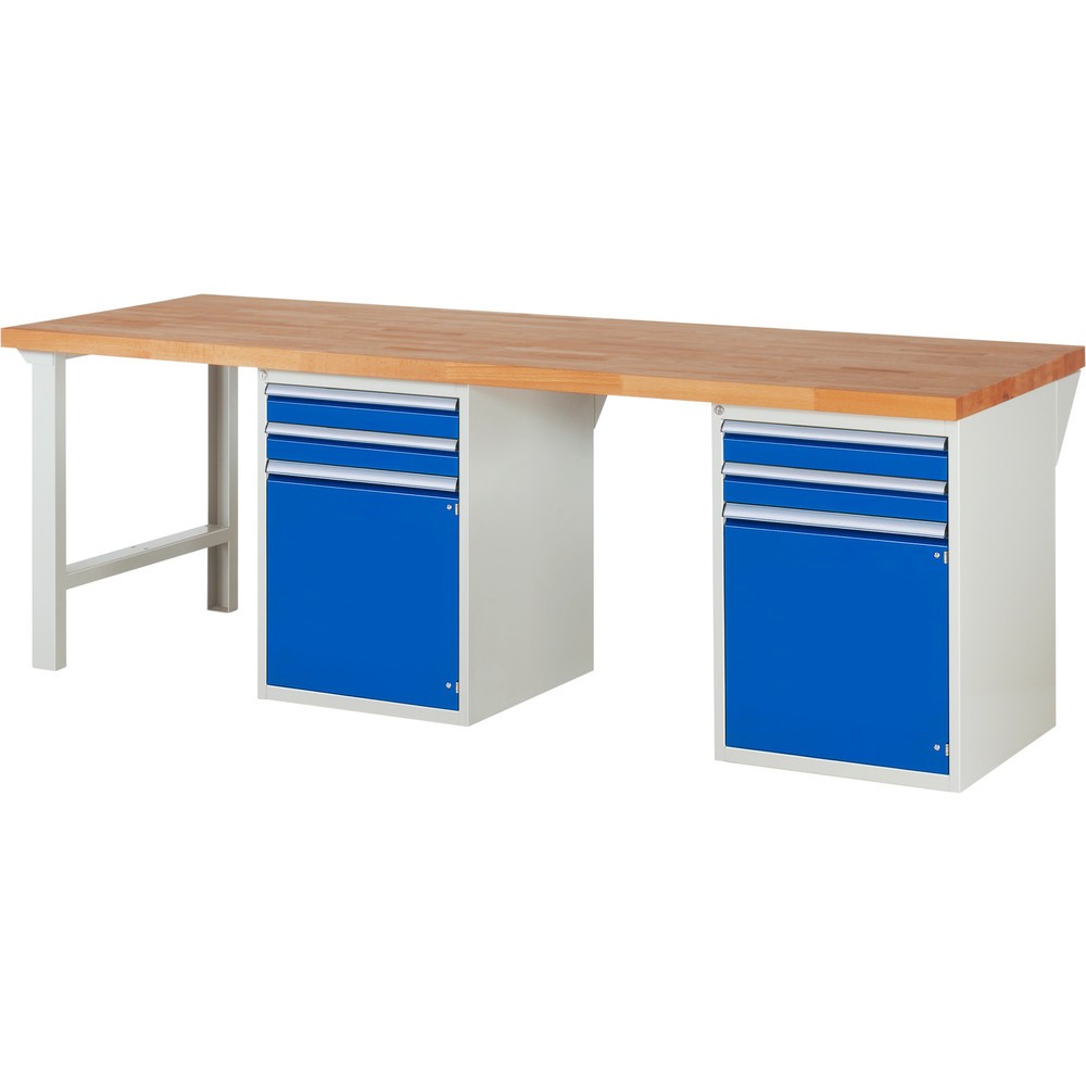 Produktabbildung: RAU Werkbank Serie 7000, 2 Container, HxBxT 890 x 2.500 x 900 mm, 4 x 100%-Auszug-Schubladen, 1 Fachboden, 2 Flügeltüren